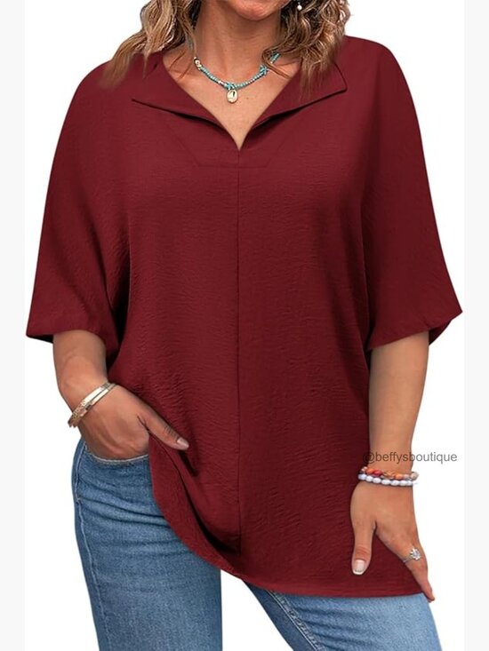 Tops - Plus Size V Neck Short Sleeve Tunic Tee Blouse Loose Fit T-Shirt Top